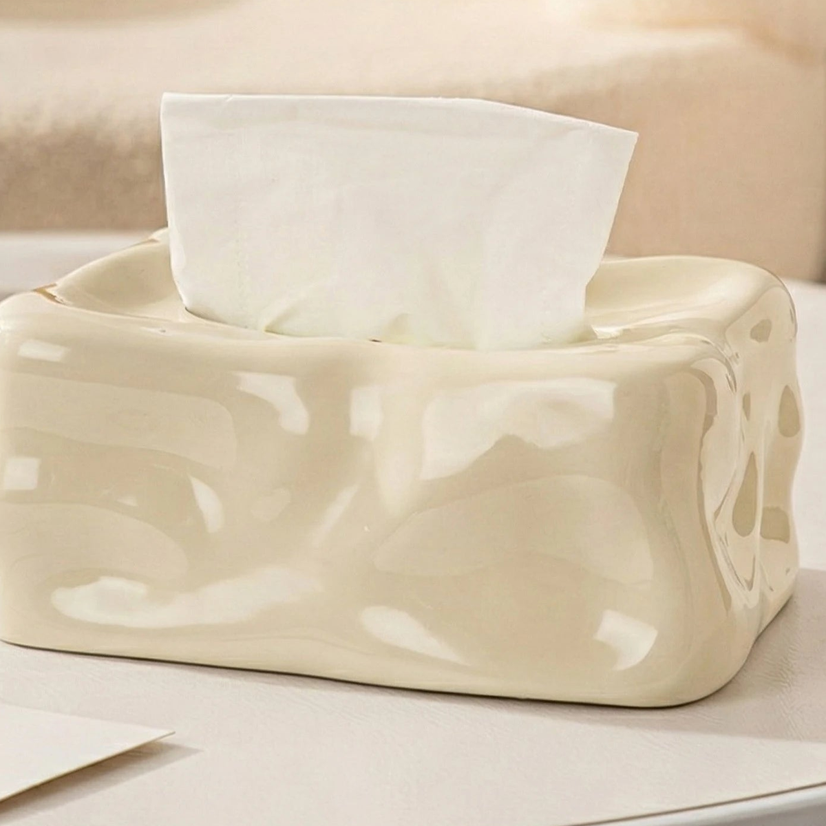 Wavy Sculptural Tissue Box Cover | Modern Melting Ceramic Decor