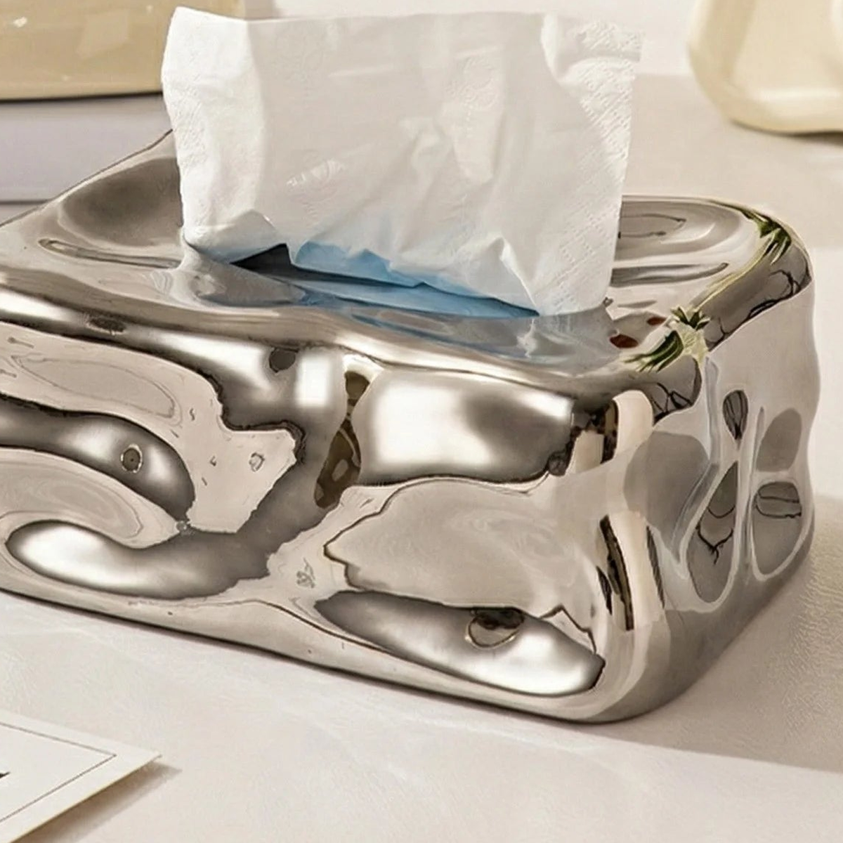 Wavy Sculptural Tissue Box Cover | Modern Melting Ceramic Decor