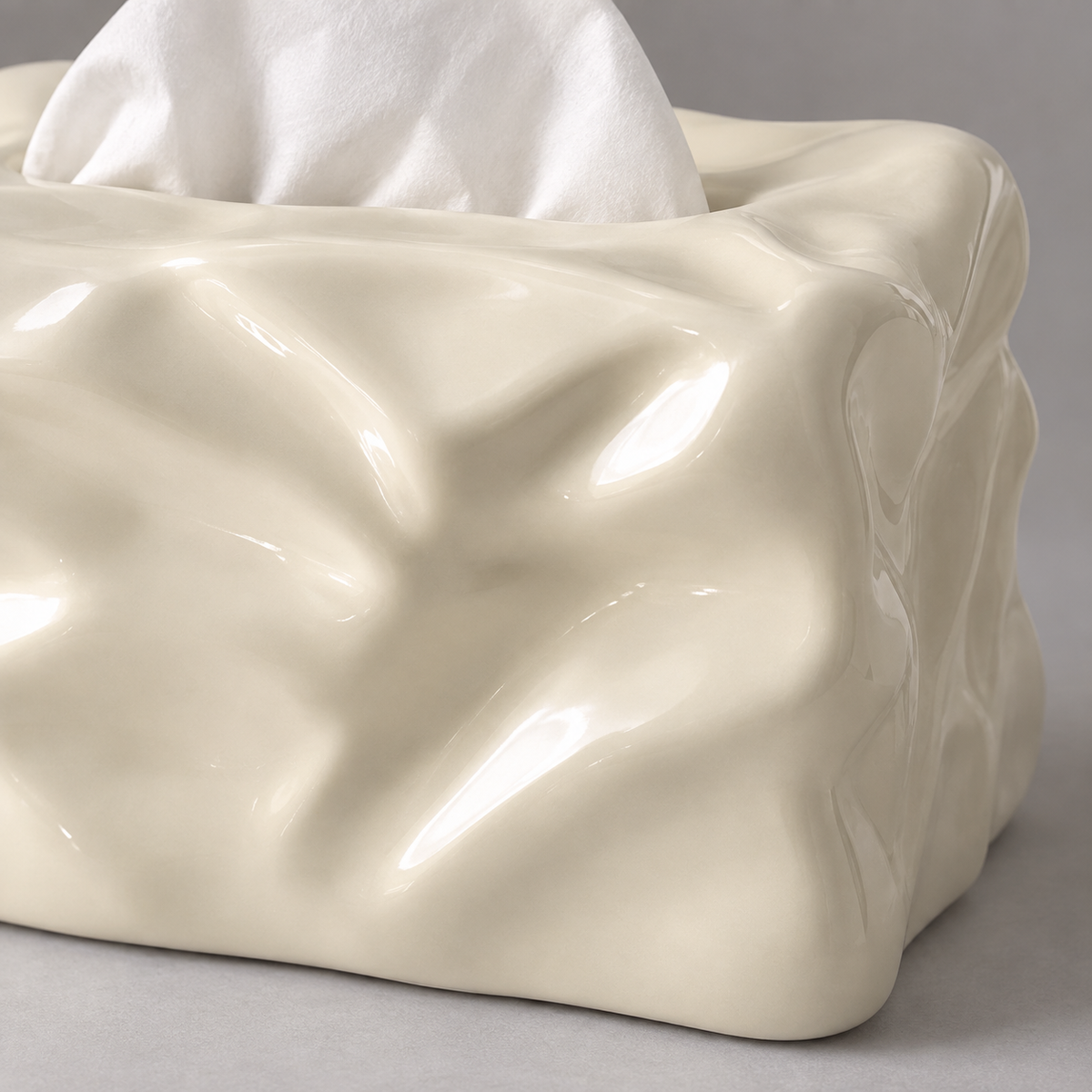 Sculptural "Crinkled Paper" Ceramic Tissue Box | Modern Art Decor