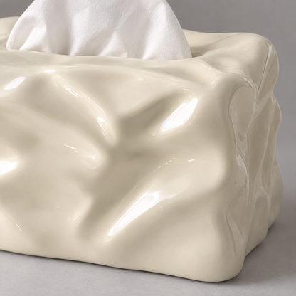Sculptural "Crinkled Paper" Ceramic Tissue Box | Modern Art Decor