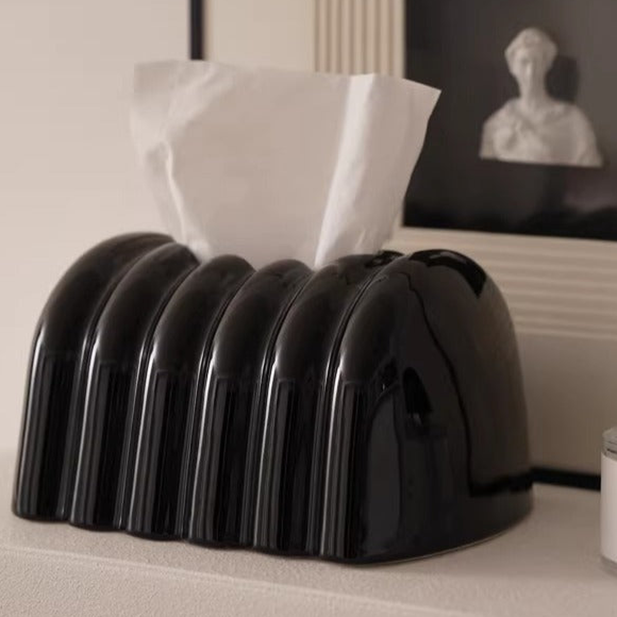 Architectural Fluted Ceramic Tissue Box Cover | Ribbed Art Deco Dispenser
