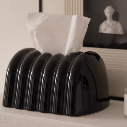 Architectural Fluted Ceramic Tissue Box Cover | Ribbed Art Deco Dispenser