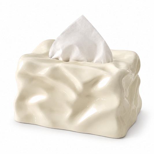 Sculptural "Crinkled Paper" Ceramic Tissue Box | Modern Art Decor