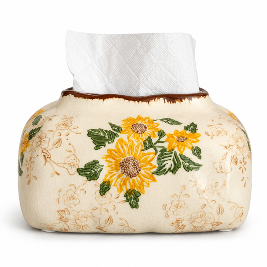 Vintage Sunflower Ceramic Tissue Box Cover | Artisan Crackle Glaze Decor
