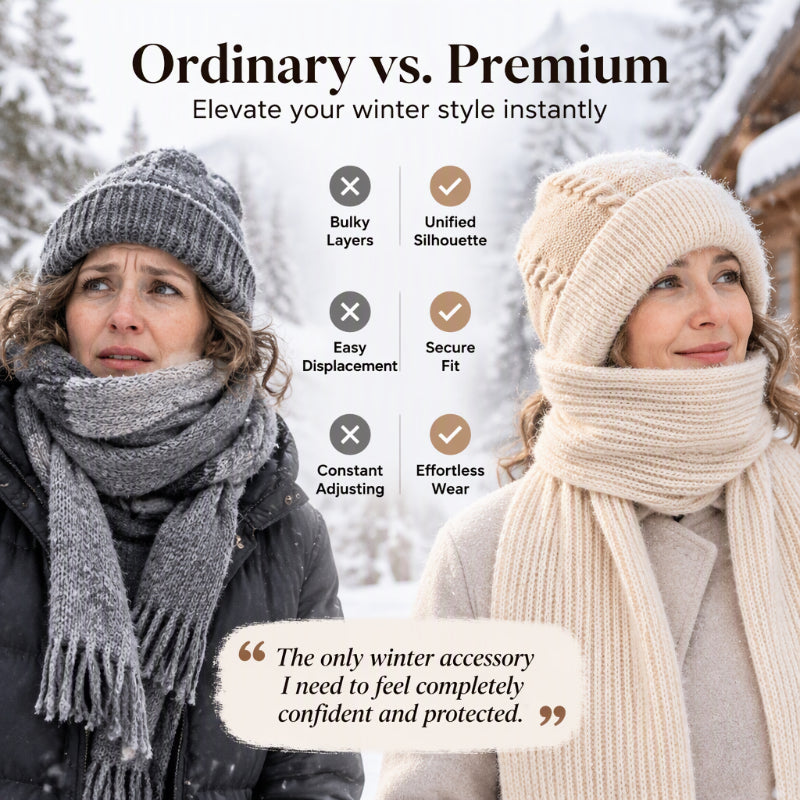 🔥❄️ WINTER WARMTH SALE! 🧣💕 Winter’s Sweet Little Luxury | Clever All-in-One Knit Hat & Scarf Set 🤍❄️ Soft twisted knit, keeps head and neck cosy without bulky layers🧣