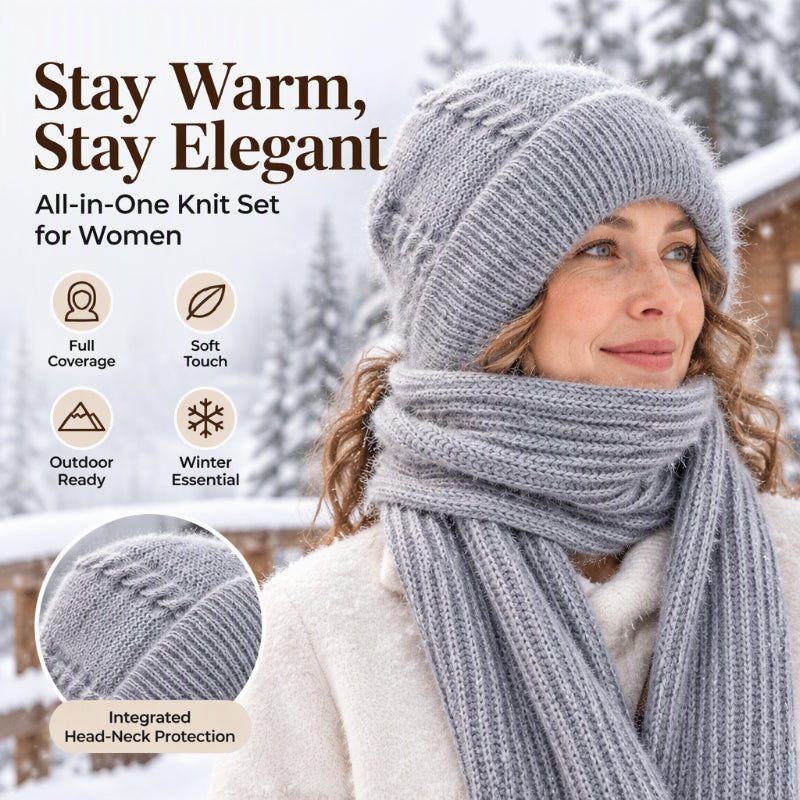 🔥❄️ WINTER WARMTH SALE! 🧣💕 Winter’s Sweet Little Luxury | Clever All-in-One Knit Hat & Scarf Set 🤍❄️ Soft twisted knit, keeps head and neck cosy without bulky layers🧣