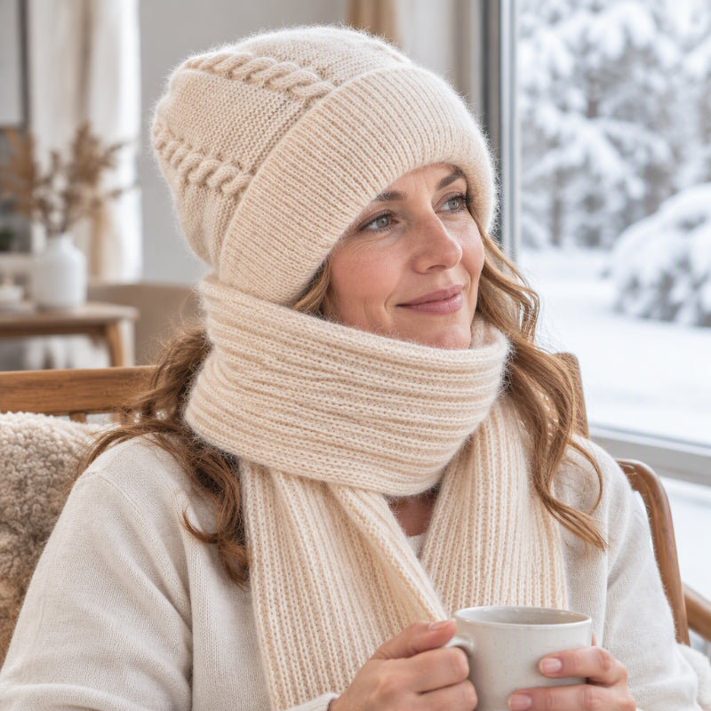 🔥❄️ WINTER WARMTH SALE! 🧣💕 Winter’s Sweet Little Luxury | Clever All-in-One Knit Hat & Scarf Set 🤍❄️ Soft twisted knit, keeps head and neck cosy without bulky layers🧣